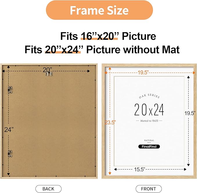 Minimalist 20x24 Picture Frame Matted to 16x20, Natural Solid Oak Wood Poster Frame, Lightweight for Wall Mounting(Single, Oak)