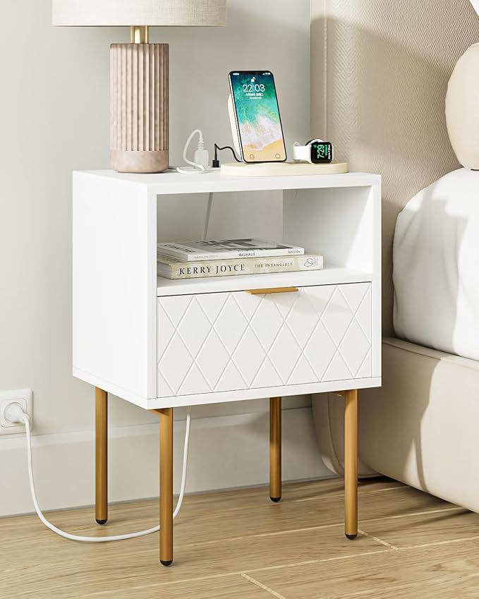 Nightstand,Morden Bedside Table with Gold Frame,Small White Night Stand,End Table,Bedside Furniture,Side Table with Drawer and Shelf for Bedroom,Living Room (1Drawer, White-Outlet-pane)
