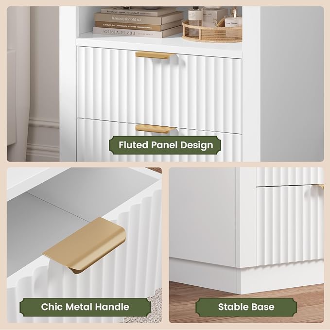 ADORNEVE Tall Fluted Nightstand Set of 2, Side Table with Drawers & Open Shelf, Mid Century Modern Night Stand with Metal Handle, Wooden Bedside End Table for Bedroom,Living Room,White