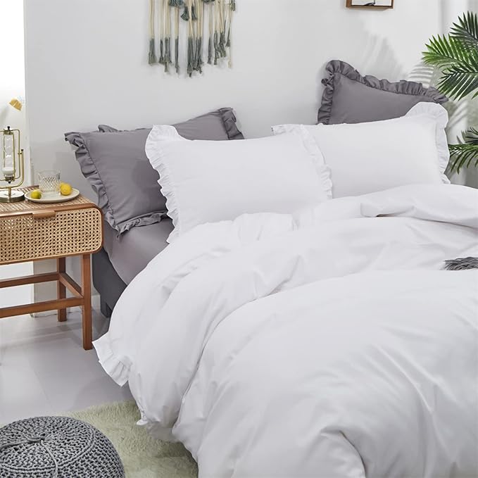 Luxlovery White Ruffle Comforter Set Full Farmhouse Boho Bedding Comforter Set Plain White Shabby Chic Solid Blanket Quilts Vintage Rustic Bedding Set with Ruffles for Full Bed