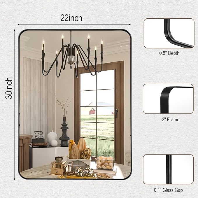 22x30 Inch Rectangle Bathroom Mirror, Brushed Black Vanity Mirrors for Wall, Metal Frame Wall Mirror, Mirror with Round Corner for Bedrooms, Entryways, Living Rooms, Horizontal/Vertical