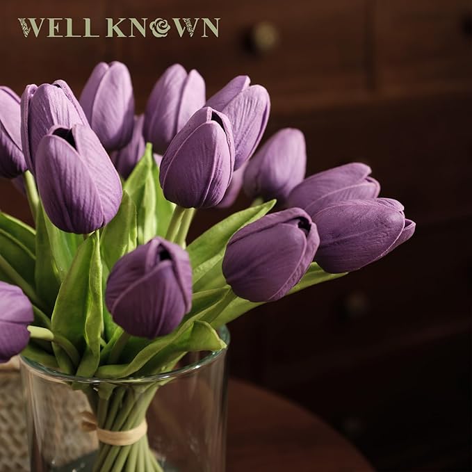 WELL KNOWN 20 Pcs Tulips Artificial Flowers in Vase, Real Touch Upgrate Purple Tulips Fake Flowers with Vase Flower Arrangements Artificial Centerpiece for Dining Room Table