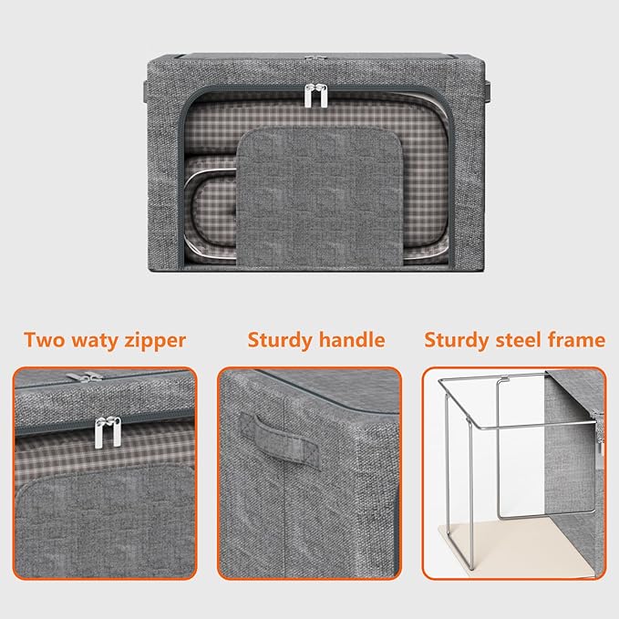 64L Stackable Clothes Storage Bins with Metal Frame, 4 Piece Stackable Clothes Organizer with Double Opening + Clear Window Design for Cabinets, Under Beds, Storage and Garage Gray