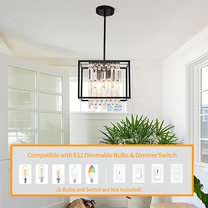 Kitchen Island Pendant Lighting,Modern Industrial Crystal Black Pendant Light Fixture,Adjustable Pendant Hanging Light for Dining Room Living Room Foyer Hallway Entry (4 Lights 11.8")
