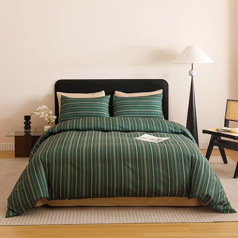 Luxlovery Striped Comforter Set King Men Dark Green Bedding Set Geometric Modern Stripe Pattern Blanket Quilts Durable Lightweight All Season 3PCS Comforter Set King Bed