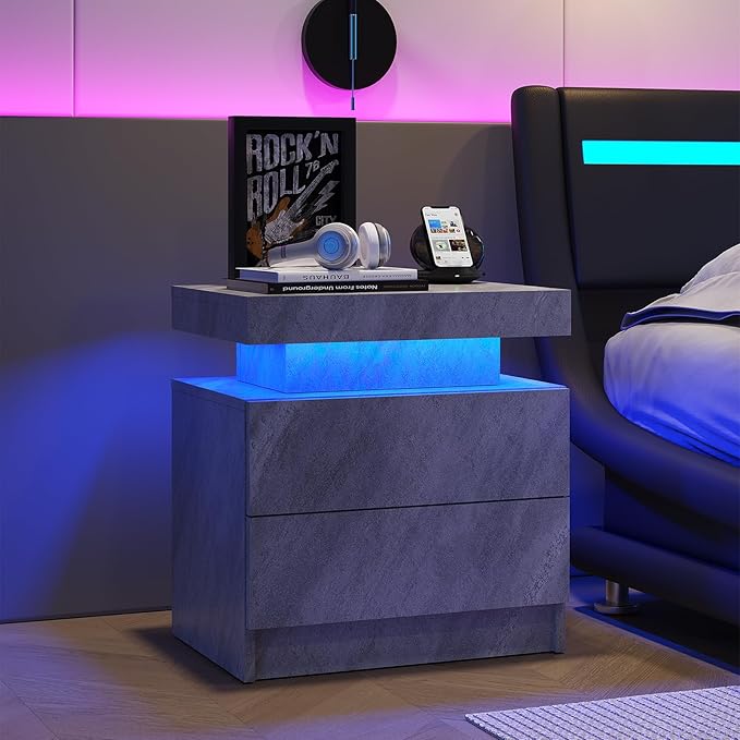 LED End Table, Modern Bedside Table with Storage, 20.5" Tall End Tables Bedroom Set of 2 with 2 Drawers, LED Furniture for Bedroom, Living Room, and Playroom, All Grey