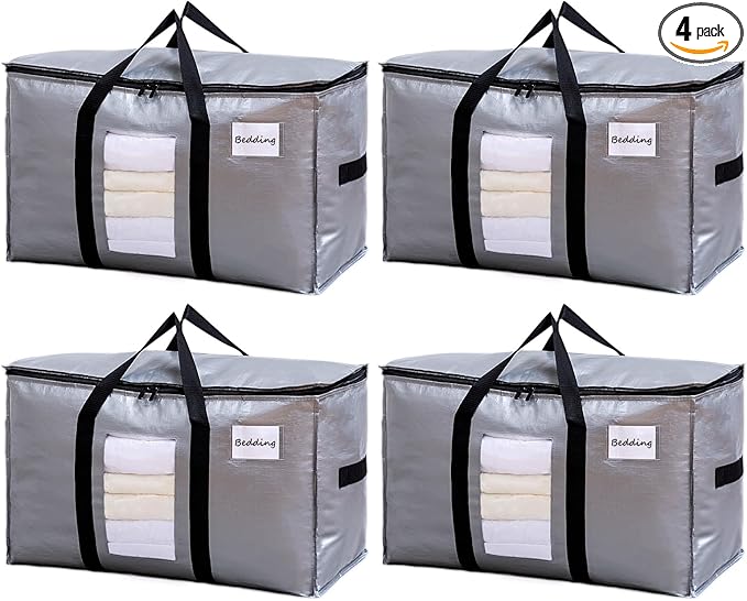 TAILI Extra Large Moving Bags, 4 Pack Silver Heavy Duty Totes For Storage with Visible Window, Wrap Around Handles, Space Saving Storage Bags for Moving Supplies, Alternative to Moving Boxes