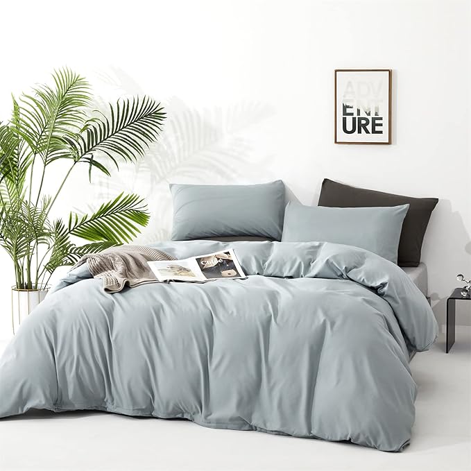 Pureant Haze Blue Comforter Sets Queen Solid Light Dusty Blue Bedding Comforters Cotton Women Men Plain Color Bed Quilts Modern Light Greyish Blankets Comforters Soft Health