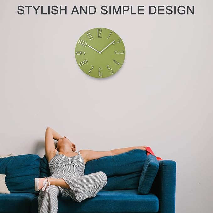 12 Inch Wall Clock Silent Non Ticking, Preciser Modern Style Decor Clock for Home, Office, School, Kitchen, Bedroom, Living Room（Yellow Green）