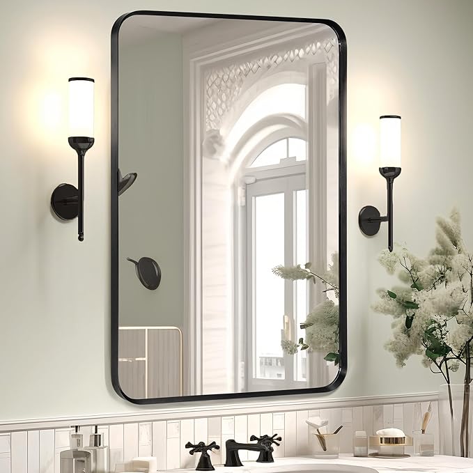Wall Mount Mirror for Bathroom, Brush Black Metal Framed Rounded Corner Rectangular Vanity Mirror (20" x 30", Black)