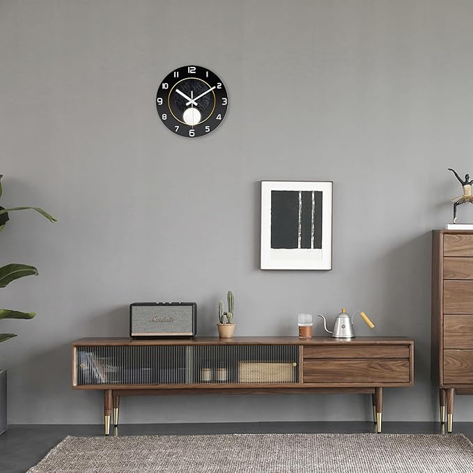 XNM Round Black Wall Clock for Bedroom 12 Inch Small Wall Clocks Battery Operated Silent Wall Clock Modern