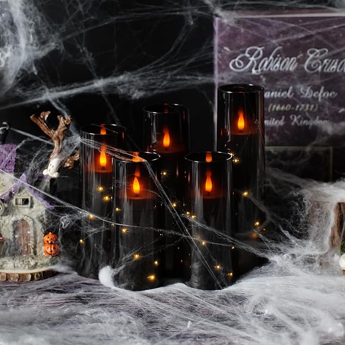 Flameless LED Candles with Timer 5 Pc Flickering Flameless Candles for Romantic Ambiance and Home Decoration Stable Acrylic Shell,with Embedded Star String,Battery Operated Candles（Grey）