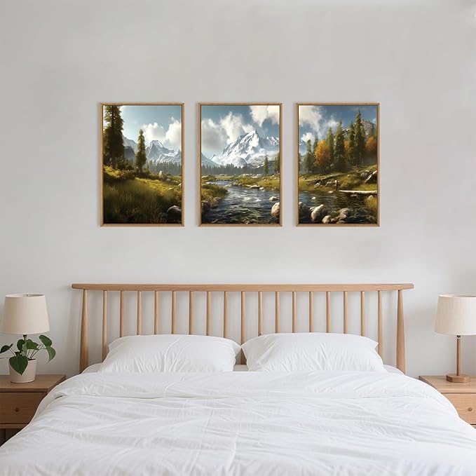 Large Watercolor Snow Mountain Framed Canvas Wall Art,Modern River Grassland Wall Decor,Natural Green Forest Artwork,Neutral Wood Landscape Art Print for Living Room,Bedroom,Office-24 x36 x3