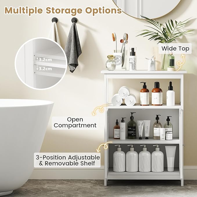 GOFLAME Bathroom Cabinet, Floor Storage Organizer with 2 Doors, 2 Open Shelves, 3-Level Adjustable Shelf, Modern Storage Unit for Laundry Room, Entryway, Living Room, White