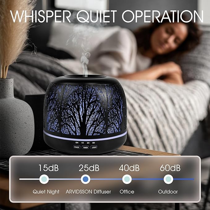 500ml Essential Oil Diffuser, ARVIDSSON Metal Diffusers for Essential Oils, Aromatherapy Diffuser for Large Room, Color Mood Light & Mist Timer Setting, Gift for Women - Black Tree