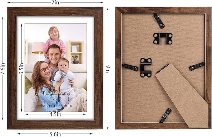 Giftgarden Brown 5x7 Picture Frame Set of 4, 6x8 Matted to 5x7 Photo Rustic Walnut Frames with Mat for Wall or Tabletop