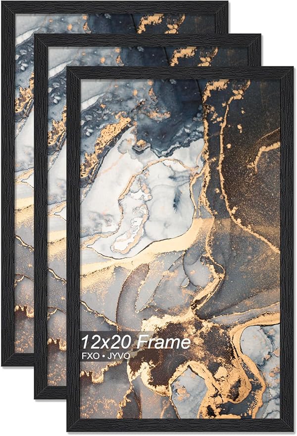 Engineered Wood 12x20 Picture Frame Set of 3, Black Frame for 12 x 20 Inch Picture Poster Photo, Light Weight 12 by 20 Frame with Wood-grain for Wall - 3 Pack/Black/12 x20