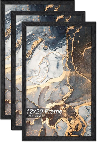 Engineered Wood 12x20 Picture Frame Set of 3, Black Frame for 12 x 20 Inch Picture Poster Photo, Light Weight 12 by 20 Frame with Wood-grain for Wall - 3 Pack/Black/12 x20