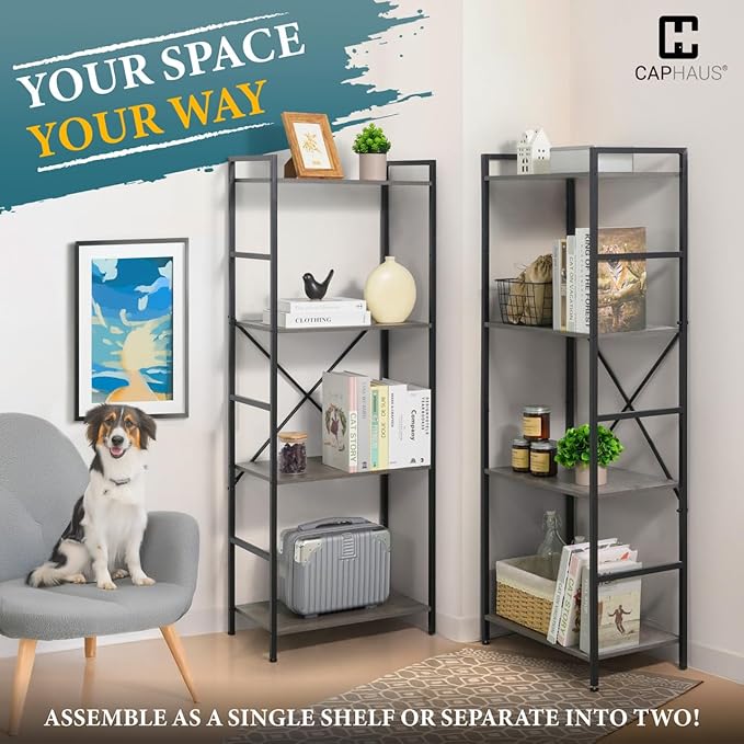 CAPHAUS Triple Column 4 Tier Bookshelf, Industrial Triple Bookcase with 11 Open Display Shelves, Adjustable Wide Shelf for Living Room, Bedroom, Home and Office, White