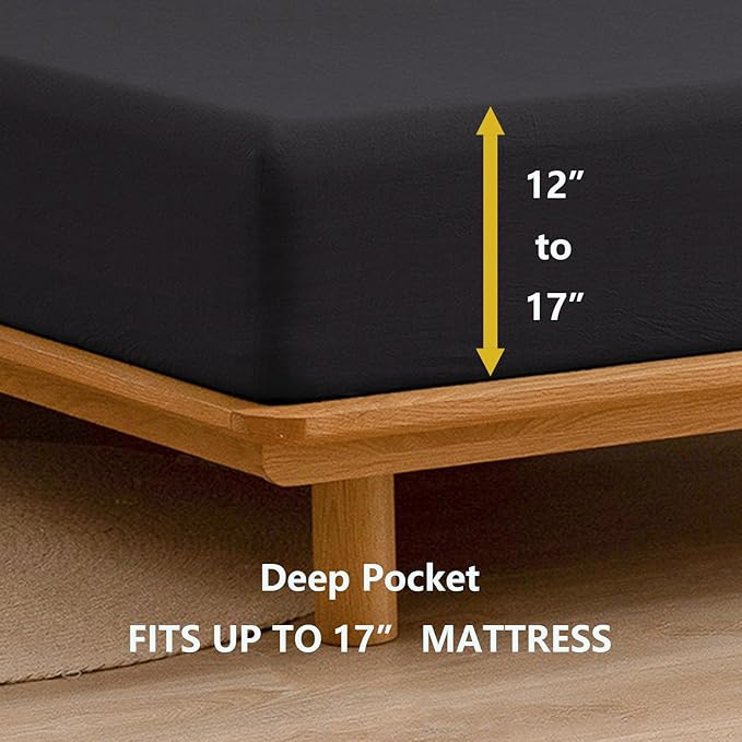 BESTOUCH Sheet Set 100% Washed Cotton Linen Feel Super Soft Comfortable Chic Lightweight 4 Pcs Home Bedding Set Solid Deep Black King
