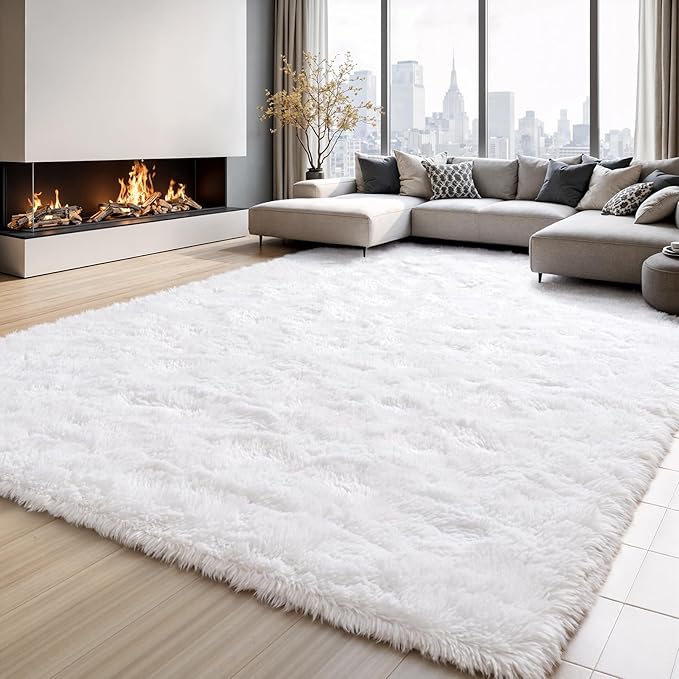 Area Rugs for Bedroom Living Room, 8x10 Soft Large Fluffy Fuzzy Shag Plush Furry Carpet, Soft Indoor Floor Mat for Kids Nursery Home Dorm Office Decor Aesthetic, White