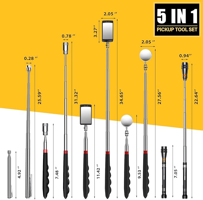 Magnetic Pickup Tool Set with 15lb&1lb Pick Up Rod, Round&Square 360 Swivel Adjustable Inspection Mirror and Telescoping Flexible Flashlight, Birthday Gifts For Men, Dad, Husband, Father