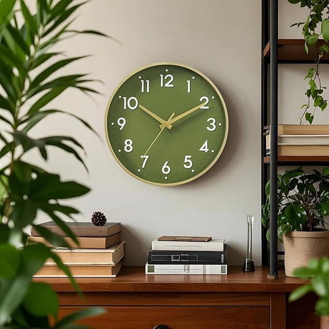 Mosewa Wall Clock 14 Inch, Battery Operated Non-Ticking Analog Clock Decorative for Kitchen, Bedroom, Office, Home(Gold)