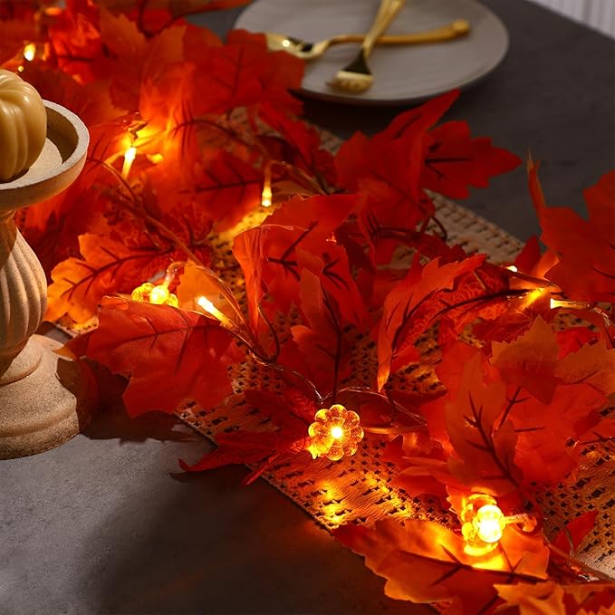 VIHOSE 2 Pack Thanksgiving Maple Leaves Garland Fall Decor 11.5 ft 40 LED with Pumpkin Lights Battery Operated and Timer Remote for Home Thanksgiving Halloween Decor(Orange)
