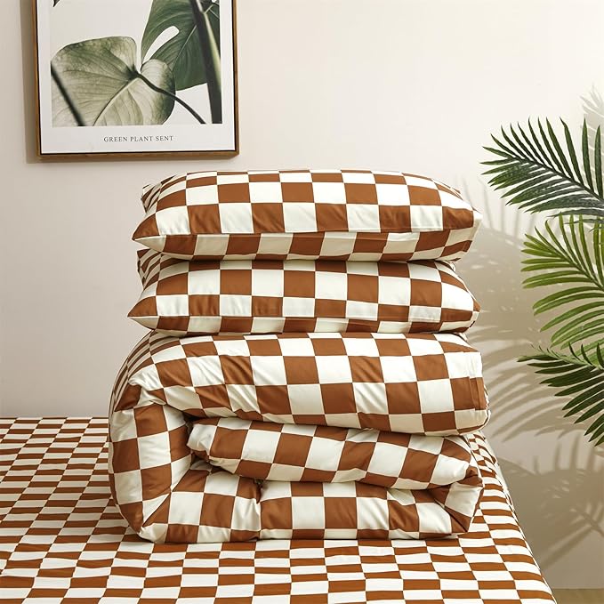 Pureant Pumpkin White Plaid Comforter Set Full Brown and White Checkered Bedding Comforter Soft Women Girls Brown Checkerboard Grid Quilts Full Size Boho Pumpkin Buffalo Plaid Comforter Geomertic
