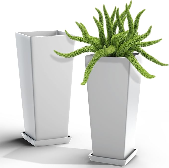Elevens Set of 2 Tall Outdoor Planters 24 Inch, Large Planters for Indoor Outdoor Plants, Tapered Square Flower Pots with Tray for Patio,White