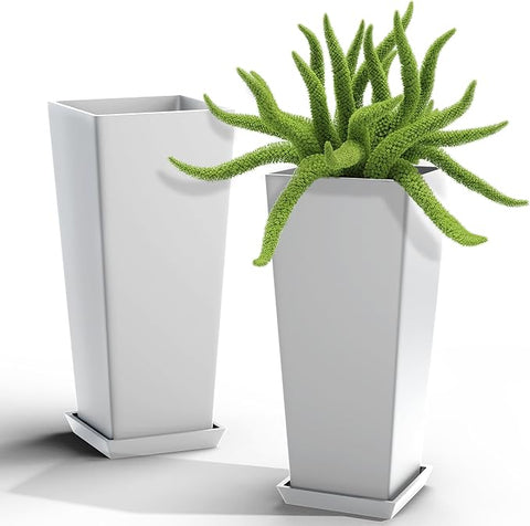 Elevens Set of 2 Tall Outdoor Planters 24 Inch, Large Planters for Indoor Outdoor Plants, Tapered Square Flower Pots with Tray for Patio,White