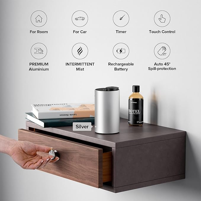 Waterless Essential Oil Diffuser for Home Aromatherapy Scent Diffusers with 3 Countdown Timer Settings or Timer-Off, 3 Mist Levels for Car Room Studio Office, ANX Premium Metal Silver
