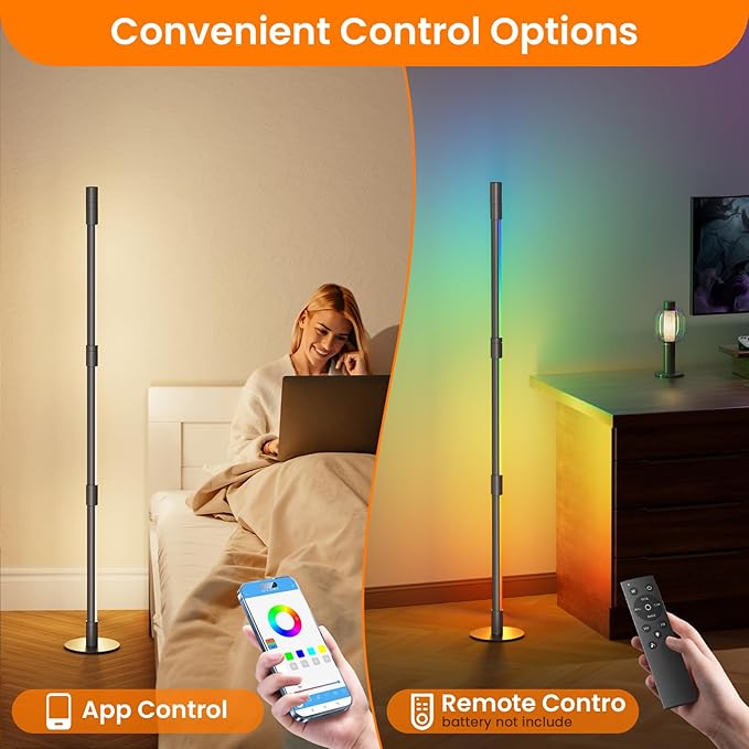 Nisocy RGBWIC LED Corner Floor Lamp – Smart Ambient Light with Bluetooth App & Remote Control, Music Sync, Color Changing, Mood Lighting for Bedroom, Living Room, Gaming Setup, Home Decor