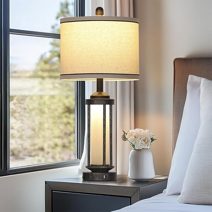 Farmhouse Table Lamp, 27" Vintage Rustic Retro Beside Lamp with USB A+C Charging Ports & AC Outlet, Industrial Modern Lamp with Glass LED Night Light for Living Room Bedrooms Nightstand 1 Pack