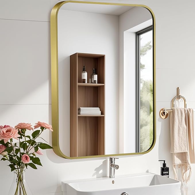 FARMER 24x36 Inch Matte Gold Bathroom Mirrors for Wall, Brushed Bathroom Vanity Mirror with Rounded Edge, Metal Framed Rectangle Mirrors for Bathroom or Living Rooms, Hangs Horizontally or Vertically