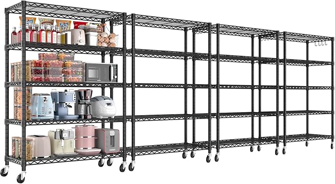 PrimeZone 4 Pack 5 Tier Wire Shelving Rack Storage Shelves with Wheels,Adjustable Rolling Heavy Duty Metal Shelving Unit,Utility Shelf for Kitchen Garage Closet Pantry 36" W x 14" D x 74" H
