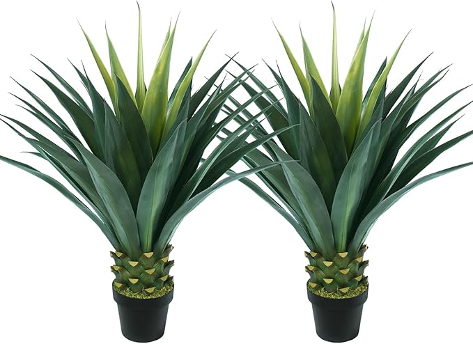 3.5ft Artificial Agave Plant, 42 Inch Tall Faux Agave Plants in Black Pot, Fake Floor Plant Outdoor Indoor for Front Porch Patio Home Office Door Step Hotel Desert Style Decor 2PCS