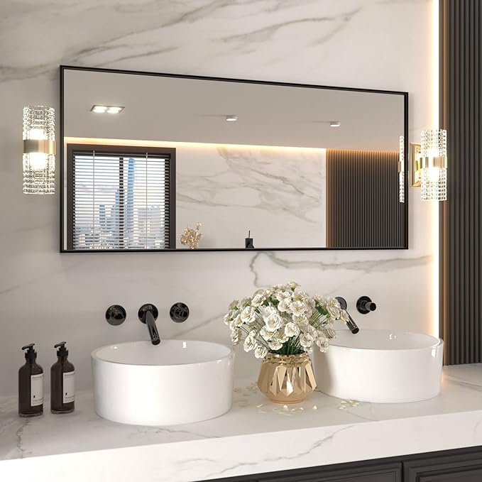 LOAAO 60"X28" Black Rectangle Bathroom Mirror Wall, Matte Black Aluminum Alloy Frame, Tempered Glass, Hangs Vertically or Horizontally, Easy to Install