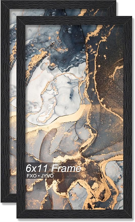 Engineered Wood 6x11 Picture Frame Set of 2, Black Frame for 6 x 11 Inch Picture Poster Photo, Light Weight 6 by 11 Frame with Wood-grain for Wall - 2 Pack/Black/6"x11"