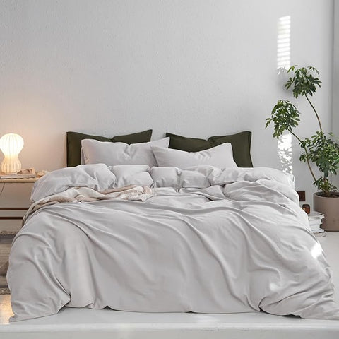 MooMee Queen Duvet Cover Set, 100% Washed Cotton Linen Like Twill Thick Sturdy Material Super Soft Breathable Durable Bedding for All Season, 3 Pieces (Light Gray, Queen 90"x90")