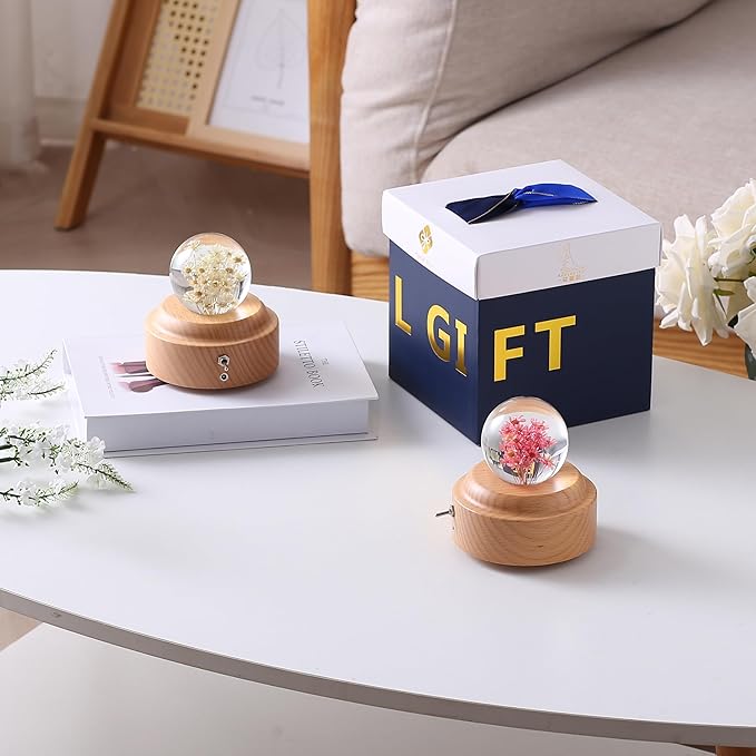 1 Pieces 6cm Diameter Yellow Glass Little Daisy Ball Night Light Music Box Wood You are My Sunshine Mechanism Flower Decor Romantic Birthday Valentine's Day for Girlfriend Her Women