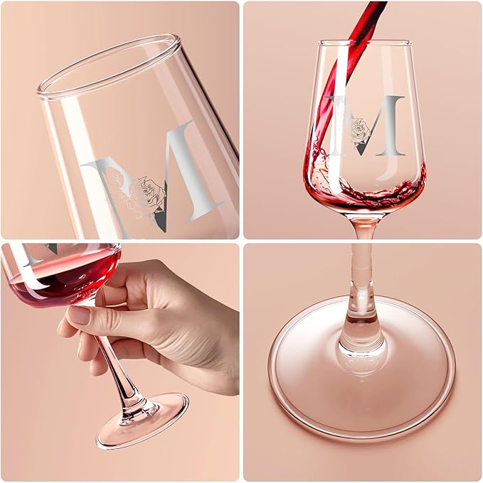Monogrammed Wine Glass Gifts for Women - Personalized A-Z Wine Glasses with Gift Box & Greeting Card | Custom Mothers day, Anniversary, Birthday Gifts for Her, Mom, Wife, Best Friend, Sister,Woman (M)