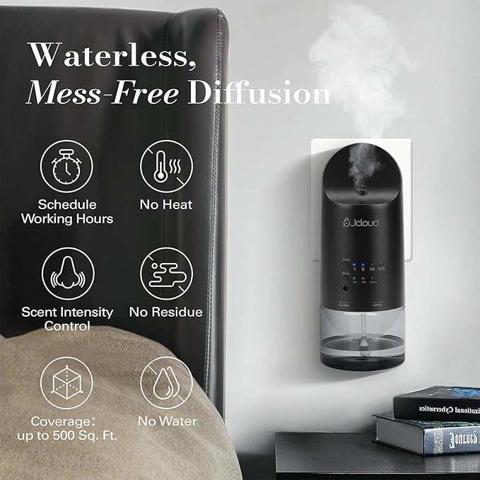 JCLOUD 2025 Plug in Diffuser for Essential Oils, Waterless Scent Diffuser Cover Up to 500 Sq. Ft. for Home, Office, Spa – Portable Smart Wall Diffuser 160ML, Black