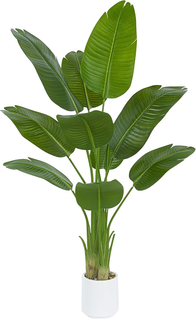 Artificial Bird of Paradise Plant 4FT Fake Palm Tree Feaux Plants in White Pot Artificial Tree Fake Plant for Indoor Outdoor Modern Decoration for Home Living Room Office