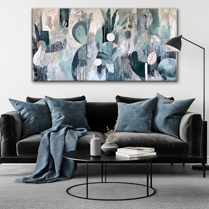 Abstract Plant Garden Wall Art for Living Room Office Green Teal Canvas Painting Prints Sage Green Botanical Artwork Dining Room Bedroom Decor (20x40 Inches)