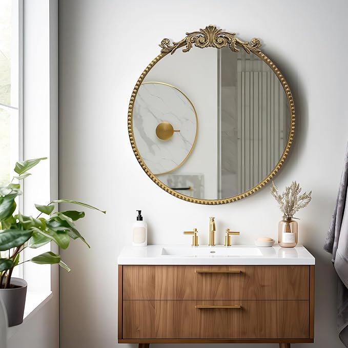 Round Mirror, 28''Baroque Style Circle Mirror Vintage Gold Metal Frame Wall Mirrors for Vanity, Bathroom or Bedroom