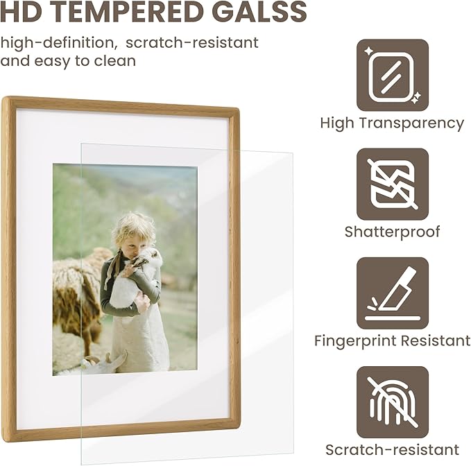 11x14 Picture Frame - Solid Oak Wood Picture Frames with HD Tempered Glass, Handcrafted Rounded Corner 11 x 14 Wooden Frame Matted to 8x10 Photos, Horizontal or Vertical Wall Display, 1 Pack