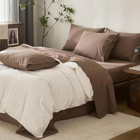 100% Cotton 6-Piece King Size 108" x 102" Bedding Set - Fitted Sheet, Flat Sheet & 4 Pillowcases with 17" Deep Pocket,Soft Breathable Bed Sheets for Cozy Sleep,Light Brown