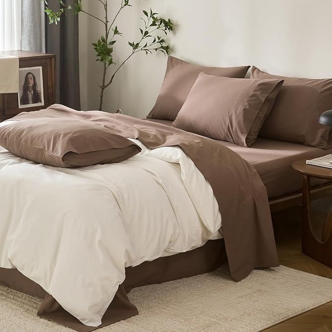 100% Cotton 6-Piece Queen Size 102" x 90" Bedding Set - Fitted Sheet, Flat Sheet & 4 Pillowcases with 17" Deep Pocket,Soft Breathable Bed Sheets for Cozy Sleep,Light Brown