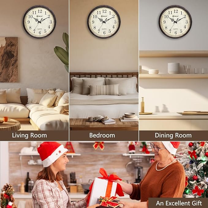 Geevon Vintage Wall Clock, Silent 16" Non Ticking Retro Round Clock Quartz Decorative Battery Operated Wall Clock for Kitchen,Office,Classroom,Bedroom,Living Room Decor